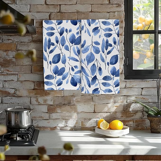 Blue Eucalyptus Leaves Bathroom Hand Towel Set of 2,Watercolor Botanical Plant Leaves Fingertip Kitchen Hand Towel,Soft Absorbent Decorative for Hotel Home Decor