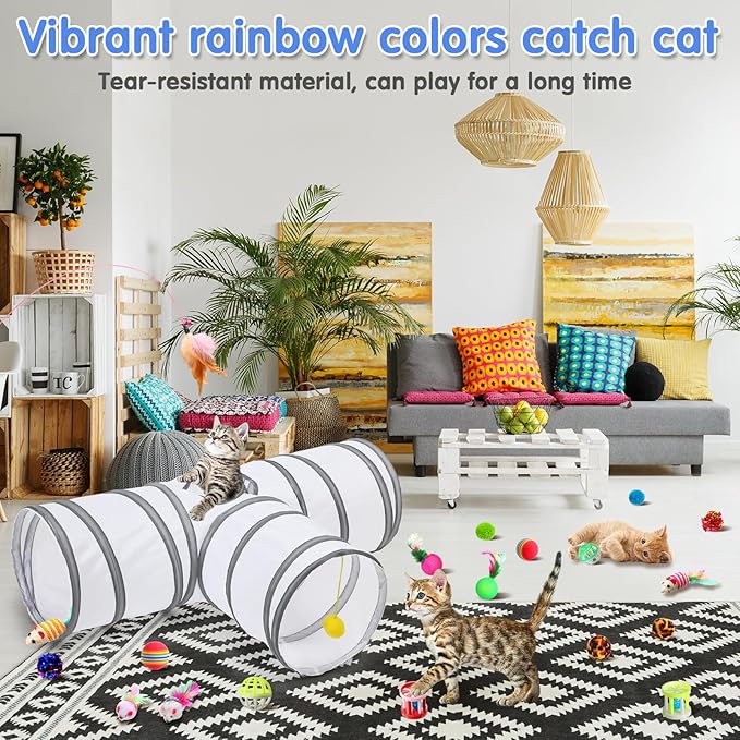Wettarn 22 Pieces Cat Toys Set, with 2 Collapsible Cat Tunnels for Indoor Cats and 20 Kitten Toys Cat Tubes and Tunnels Interactive Cat Feather Toy Mouse Crinkle Balls for Cats Puppies (White)