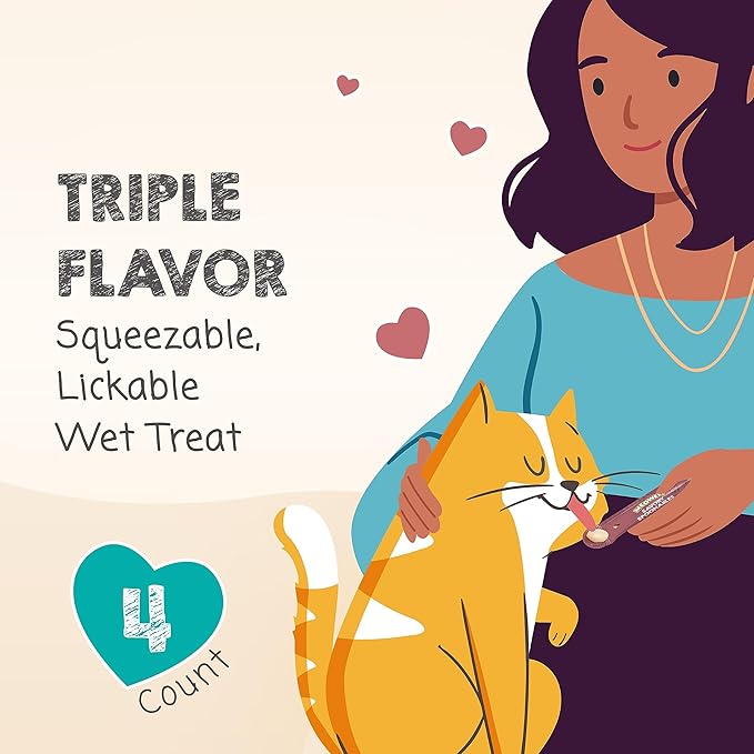 Savory Spoonables with Real Salmon, Tuna and Krill for Cats, 4 Count, Treat Your Cat to Triple Flavor Squeezable Lickable Wet Treats with Built-in Spoon for Less Mess