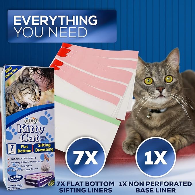 Alfapet Self Sifting Cat Litter Box Liners, Set of 42, Flat Bottom, Reinforced, XL Design for Large Trays, 13 Gallons