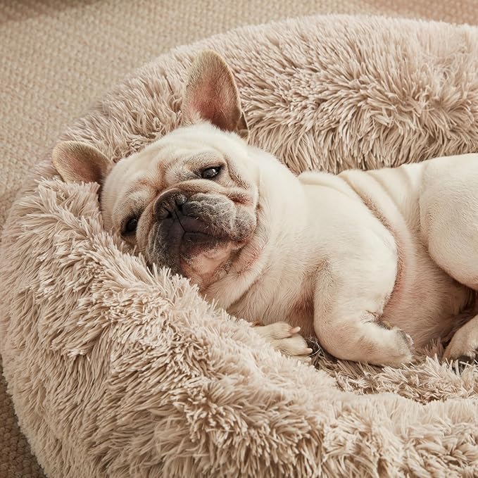 Love's cabin 20in Cat Beds for Indoor Cats - Cat Bed with Machine Washable, Waterproof Bottom - Taupe Fluffy Dog and Cat Calming Cushion Bed for Joint-Relief and Sleep Improvement