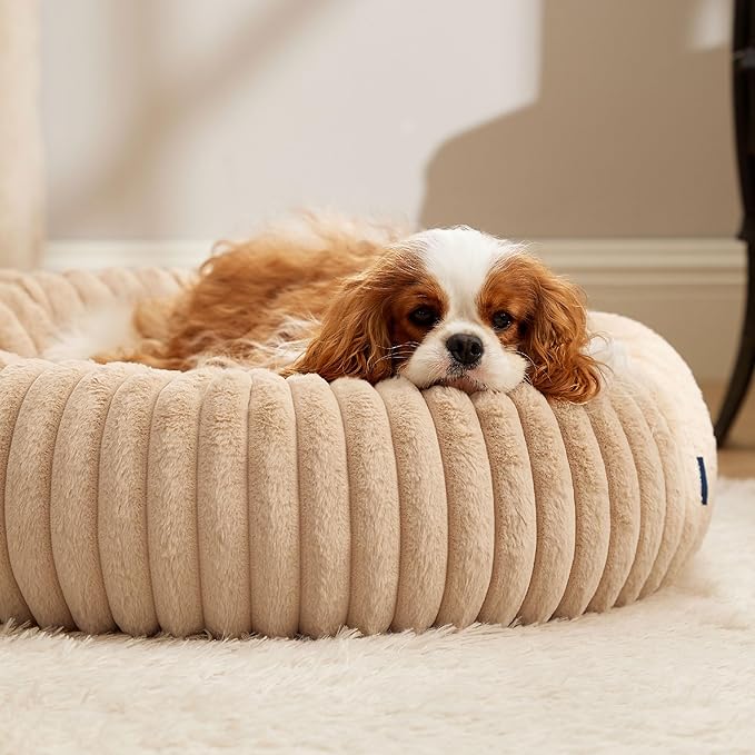 Bedsure Donut Medium Dog Bed - Washable Faux Fur Dog Bed Medium Size Dog with Corduroy Fleece & Anti Slip Bottom, Round Pet Beds with Removable Cover, Sandy Tan, 30x30x8 inches