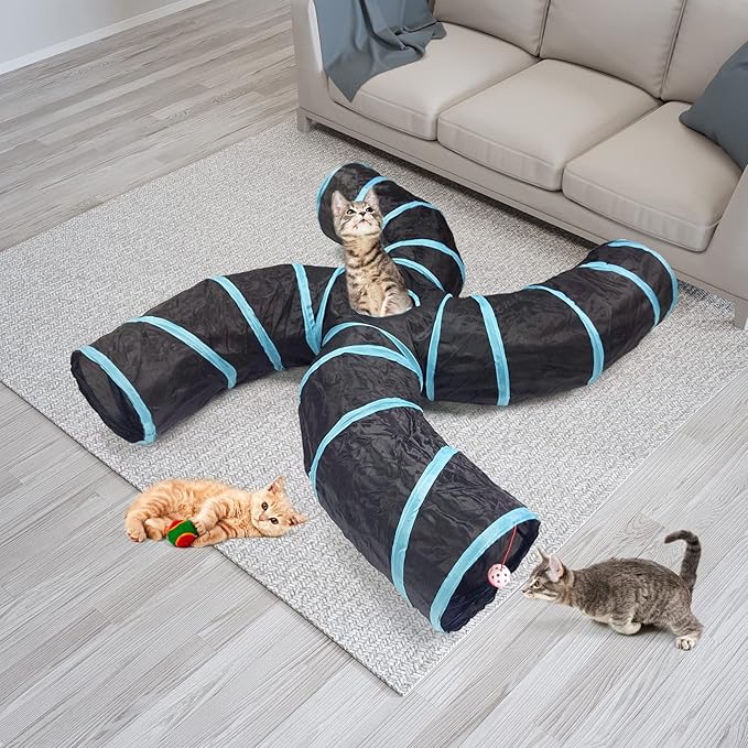 Cat Tunnel for Indoor Cats Large, with Play Ball S-Shape 5 Way Collapsible Interactive Peek Hole Pet Tube Toys, Puppy, Kitty, Kitten, Rabbit (Blue & Black) (4-Way)