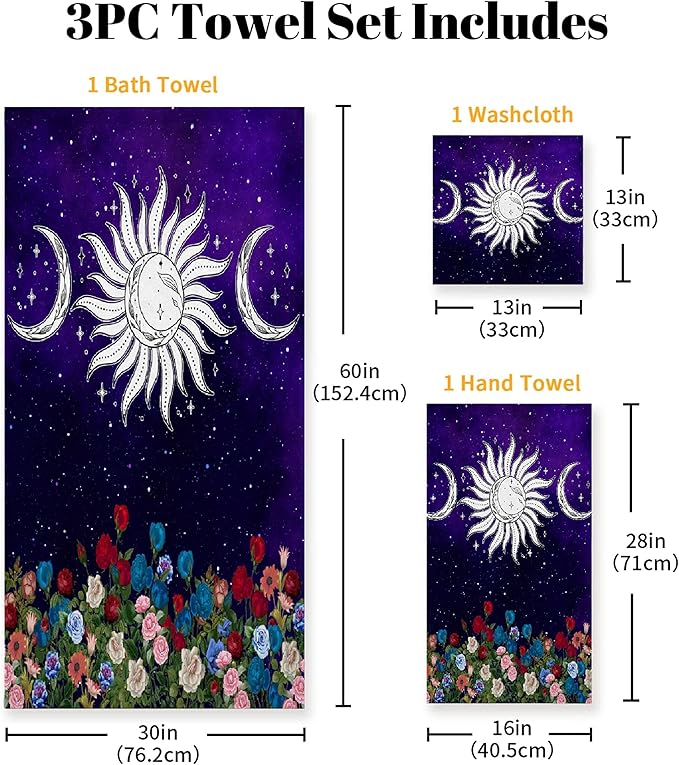Sun with Star 3 Piece Towel Bathroom Sets, 1 Bath Towel, 1 Washcloth, 1 Hand Towel, Cotton Fast Dry Soft Absorbent Towel Set for Home Kitchen Family
