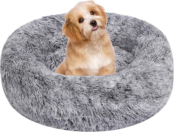 Calming Dog Bed, Dog Beds Fits up to 25 lbs Pets, Fluffy Donut Dog & Cat Bed Washable, Round Anti Anxiety Dog Bed, Small Dog Bed with Non-Slip Bottom (Grey White, 24" x 24")