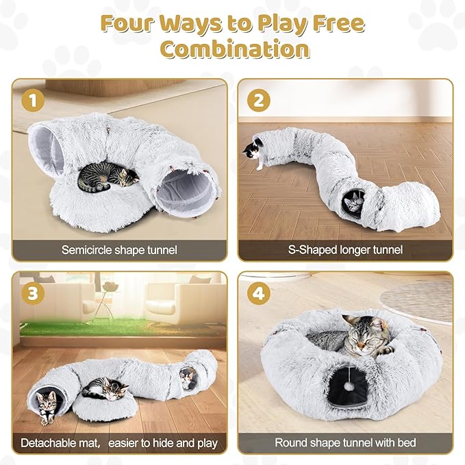 Odoland Cat Tunnels Bed with 20 Cat Toys for Indoor Cats, Plush Cat Couch Tunnel Bed for Kitten, Cat Cave Donut Tunnel - Detachable Soft Cat Bed and Variety Kitty Toy Set, White