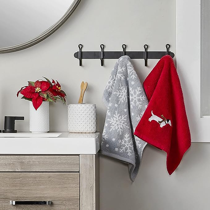 SKL Home Christmas/Winter Snow Many Dachshunds Hand Towel 2pc Set for Bath/Kitchen/Bar & Gift, Red/Gray