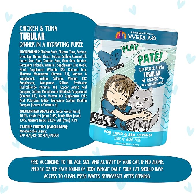 Weruva B.F.F. Play - Best Feline Friend Paté Lovers, Aw Yeah!, Chicken & Tuna Tubular with Chicken & Tuna, 3oz Pouch (Pack of 12)