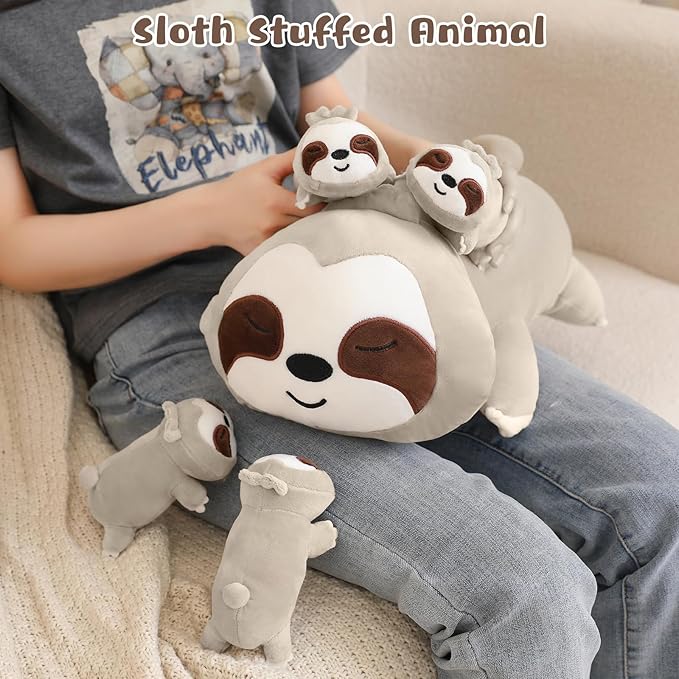 Sloth Stuffed Animal Cute Sloth Plush Pillow with 4 Baby Plushies in Her Tummy, Soft Cotton Stuffed Animals Toy Gifts for Kids