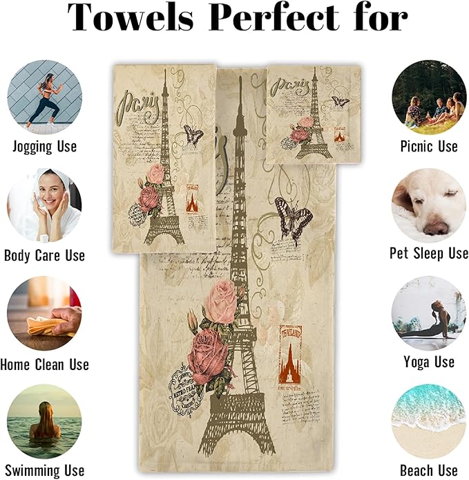 Vintage Paris Butterfly Eiffel Tower 3-Piece Bath Towel Set, Soft Absorbent Cotton, Fast Dry Home Family