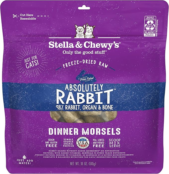 Stella & Chewy's Freeze-Dried Raw Cat Dinner Morsels – Grain Free, Protein Rich Cat & Kitten Food – Absolutely Rabbit Recipe – 18 oz Bag