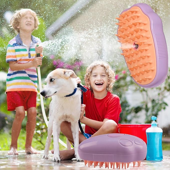 3in1 Cat Steam Brush,Quiet Cute Rechargeable Steamy Pet Brush for Long/Short Hair Dog/Cat Shedding&Grooming&Cleaning,with USB Cable,Effectively Remove Floating&Tangled Hair-Purple Cat Paw