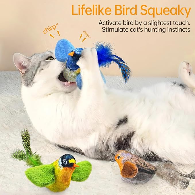 Chirping Bird Cat Toys Hanging Cat Feather Toy - Catnip Interactive Cat Toys for Indoor Cats - Automatic Cat Toy for Cat Exercise & Kicker to Self Play (Blue New)