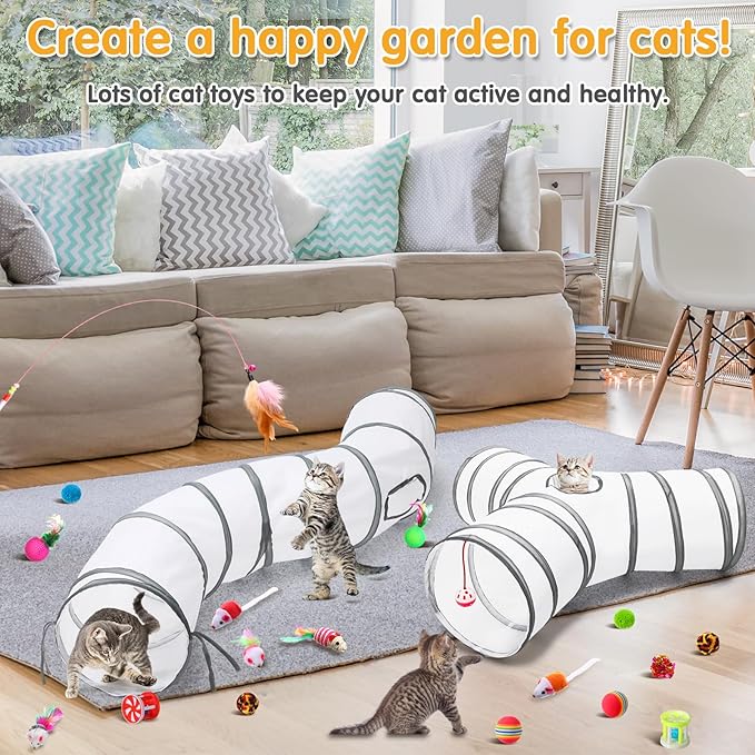 Poen 22pcs Cat Toys Kitten Toys Set with 2 Collapsible Cat Tunnel Toy and 20 Interactive Kitty Toys Cat Feather Toy, Fluffy Mouse, Crinkle Balls, for Cat Kitten Puppy (White)