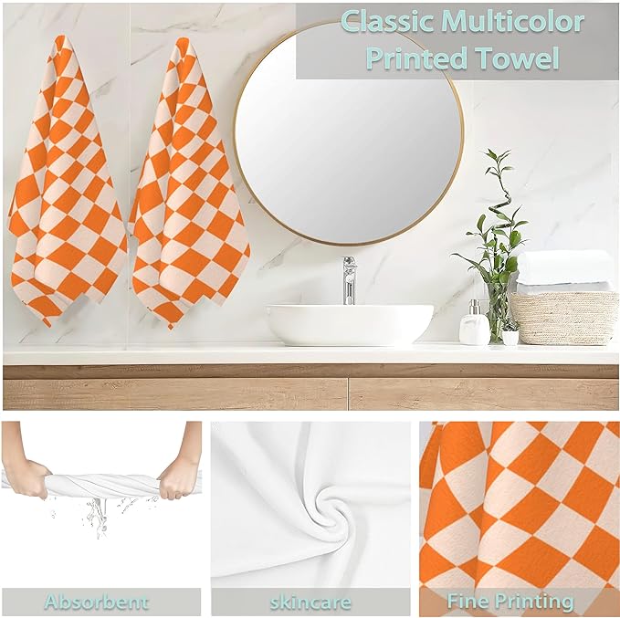 Retro Chess Board Hand Towels Set of 2,Orange Checker Soft Fingertip Bath Towel Small Face Washcloths Decor Kitchen Towel for Hotel Spa Gym Sport 28x14in