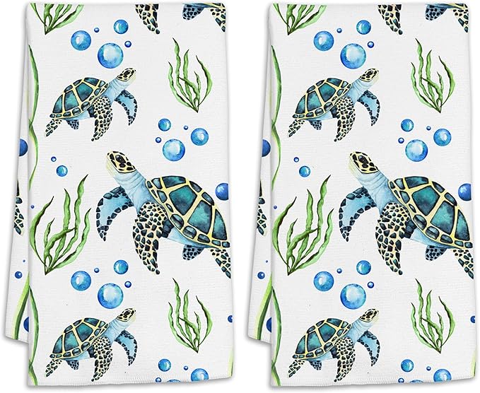 Sea Turtles Bath Hand Towels for Bathroom Decorative,Seaweed Bubbles Soft Absorbent Hand Towels for Kitchen Home Gym Beach 16"x24"