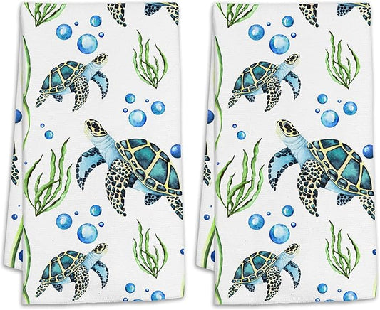 Sea Turtles Bath Hand Towels for Bathroom Decorative,Seaweed Bubbles Soft Absorbent Hand Towels for Kitchen Home Gym Beach 16"x24"