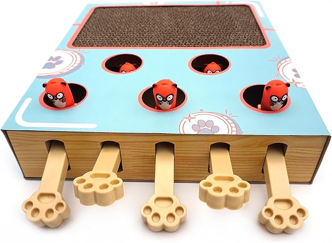 Cat Enrichment Toys,Interactive Whack a Mole Game, Scratching Pad, and Cardboard Box for Indoor Cats Cat Whack a mole Toy with cat Scratching pad,Cat Scratching Post