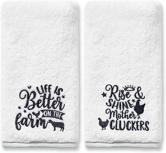 Farm Animal Hand Towels for Bathroom, Farmhouse Rooster Cow Decor Embroidered Dish Towels, Farmhouse Decor Gifts Decorative New Home Tea Hand Towels, 100% Cotton Soft Towels for Kitchen 14x30 Inches