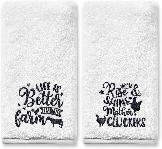 Farm Animal Hand Towels for Bathroom, Farmhouse Rooster Cow Decor Embroidered Dish Towels, Farmhouse Decor Gifts Decorative New Home Tea Hand Towels, 100% Cotton Soft Towels for Kitchen 14x30 Inches
