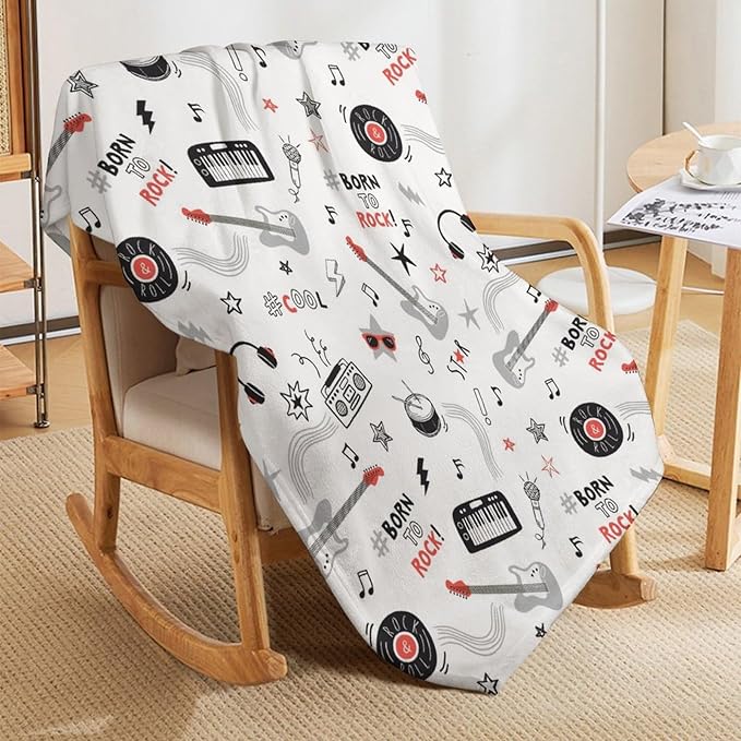 Rock and Roll Band Throw Blanket Music Electric Guitar Piano Drum Print Blankets Gifts Couch Sofa Bed Stuff Decor Soft Cozy Fleece Plush Flannel Bedding for Lover Men Women Musician Adults 50"x60"