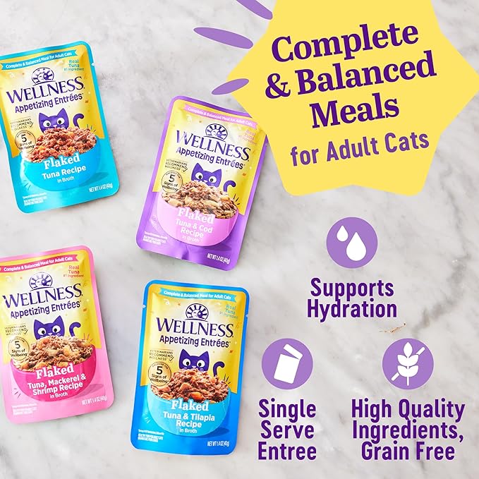 Wellness® Appetizing Entrées™ Flaked Favorites, Seafood Variety Pack, Natural Wet Cat Food, 1.4 oz Pouch (Pack of 8)