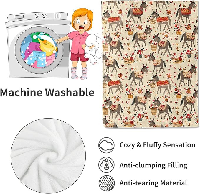 Rustic Donkey Blanket Colorful Floral Flowers Throw Blankets Gifts for Girls Boys Adults Lightweight Soft Fleece Cozy for Sofa Couch Bed Room Travel Birthday Farmhouse Decor 50x60in