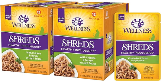 Wellness Healthy Indulgence Shreds Grain-Free Wet Cat Food, Made with Natural Ingredients and Quality Proteins, Complete and Balanced Meal, 3 oz Pouches (Chicken & Turkey in Light Sauce, 24 Pack)