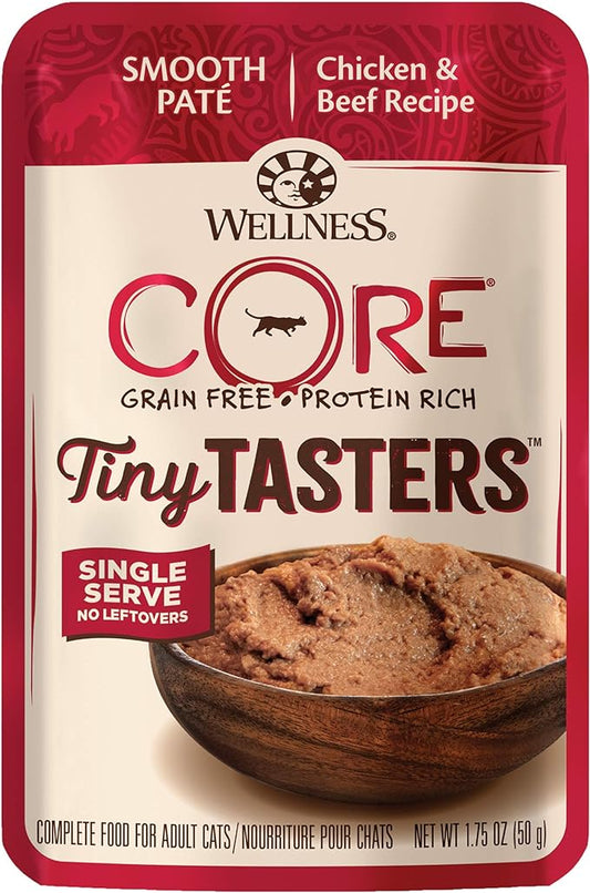 Wellness CORE Tiny Tasters Wet Cat Food, Complete & Balanced Natural Pet Food, Made with Real Meat, 1.75-Ounce Pouch, 12 Pack (Adult Cat, Chicken & Beef Pate)
