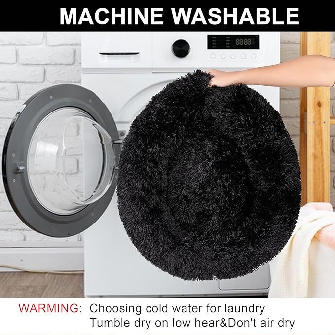 Dog Bed Calming Dog Beds for Small Medium Large Dogs - Round Donut Washable Puppy Dog Bed, Anti-Slip Faux Fur Fluffy Donut Cuddle Anxiety Cat Pet Bed(16'' Black)