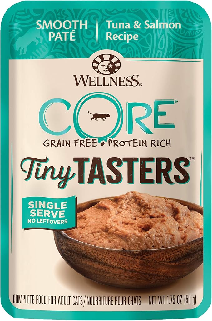 Wellness CORE Tiny Tasters Wet Cat Food, Complete & Balanced Natural Pet Food, Made with Real Meat, 1.75-Ounce Pouch, 12 Pack (Adult Cat, Tuna & Salmon Pate)