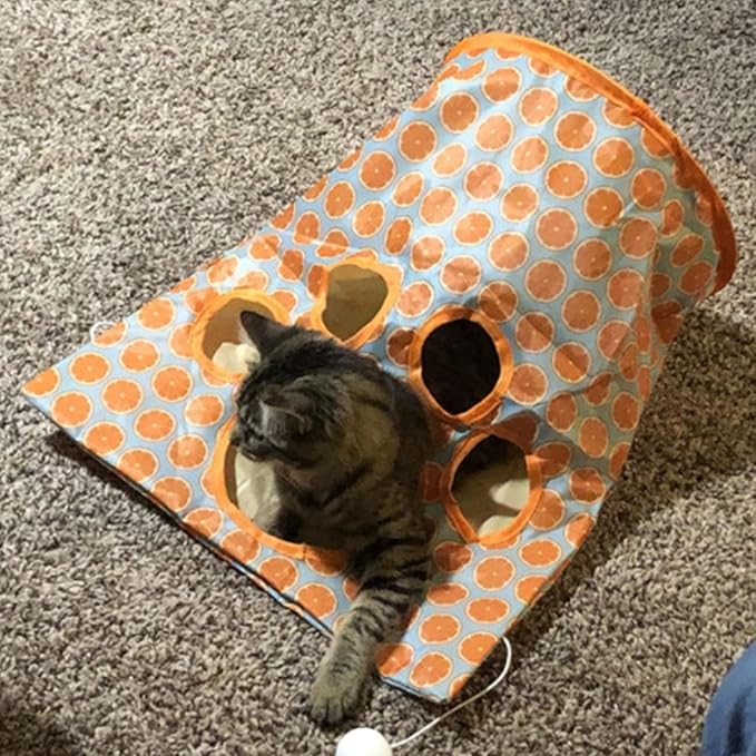 Cat Tunnel Toy,Cat Tunnel Bag for Indoor Cats,Foldable Interactive 5 Holes Crinkle Sounds Tunnel Cat Crinkle Bag for Small Medium Cat Play (Orange)