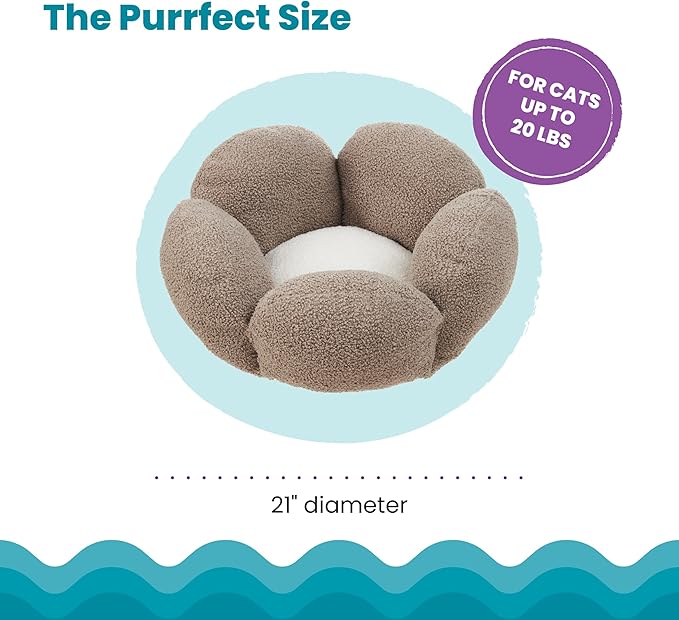 Catstages Purrfect Petals Washable Flower Shaped Round Cat Bed for Indoor Cats, Plush, Tan
