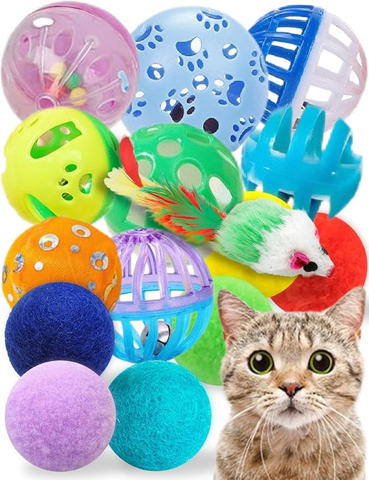 Cat Toys for Indoor Cats - 15 Pcs Kitten Toys Set - Includes 8 Bell Balls - 1 Catnip Mouse - 6 Plush Balls - Colorful and Safe - Pet Playset for Interactive Fun and Exercise