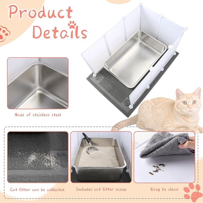 2 Set Extra Large Giant Stainless Steel Litter Box for Cats(24 x 16 x 6 inches) with 2 Metal Cat Litter Scoop,16 Litter Splash Shield and 2 Cat Litter Mat,Easy Clean,Non Stick,Odor Control