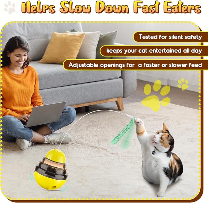 Interactive Cat Toys for Indoor Cats,Tumbler Toy for Kitten Tracking Balls Treat Dispenser for Bored Cat and Small Dogs to Chase and Exercise（Yellow