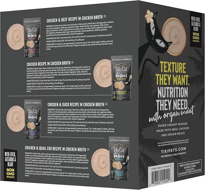 Tiki Cat After Dark, Velvet Mousse, Variety Pack, Grain & Potato Free Formula, with High Protein & Nutrient Dense Blended Irresistible Organ Meat, 2.8 oz. Pouch (Pack of 12)