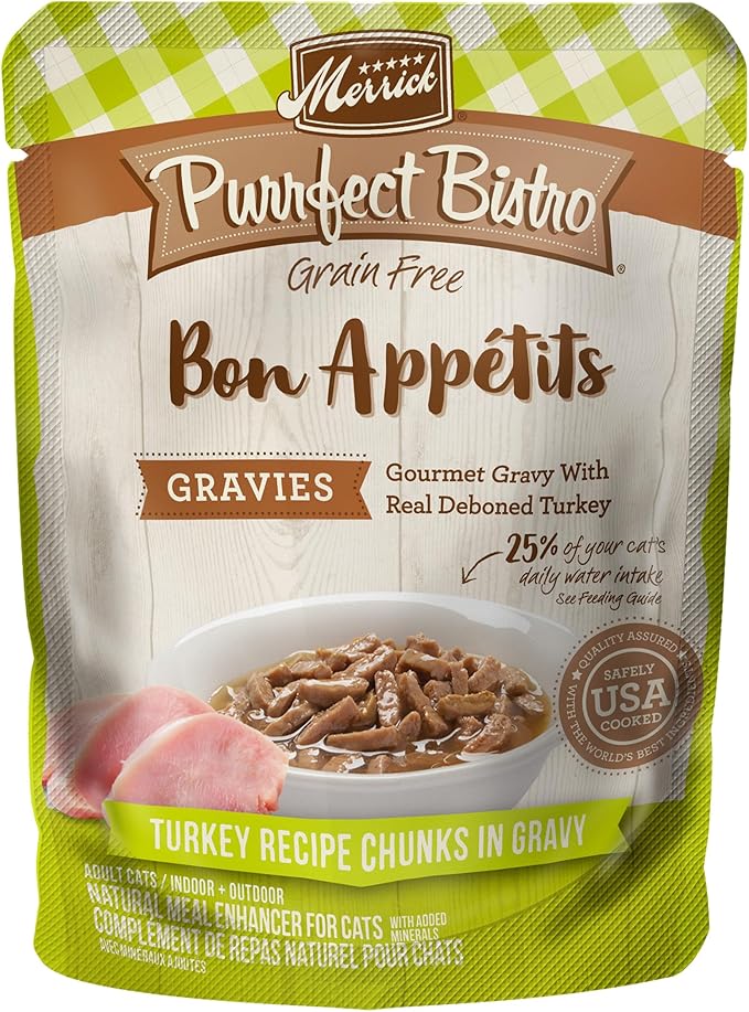 Merrick Purrfect Bistro Bon Appetits Premium Grain Free Wet Cat Food Topper, Turkey Recipe Chunks in Gravy - (Pack of 24) 3 oz. Pouches