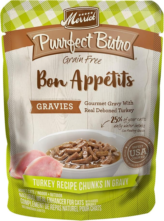 Merrick Purrfect Bistro Bon Appetits Premium Grain Free Wet Cat Food Topper, Turkey Recipe Chunks in Gravy - (Pack of 24) 3 oz. Pouches