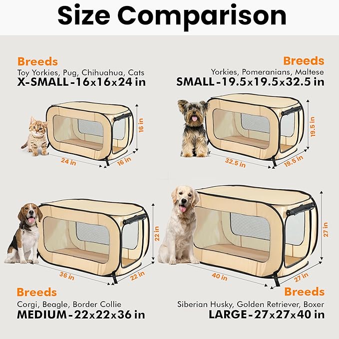 Beatrice Home Fashions Portable, Collapsible, Pop Up Kennel Travel Cat and Dog Crate, 24" L x 16.6" W x 16" H, Beige