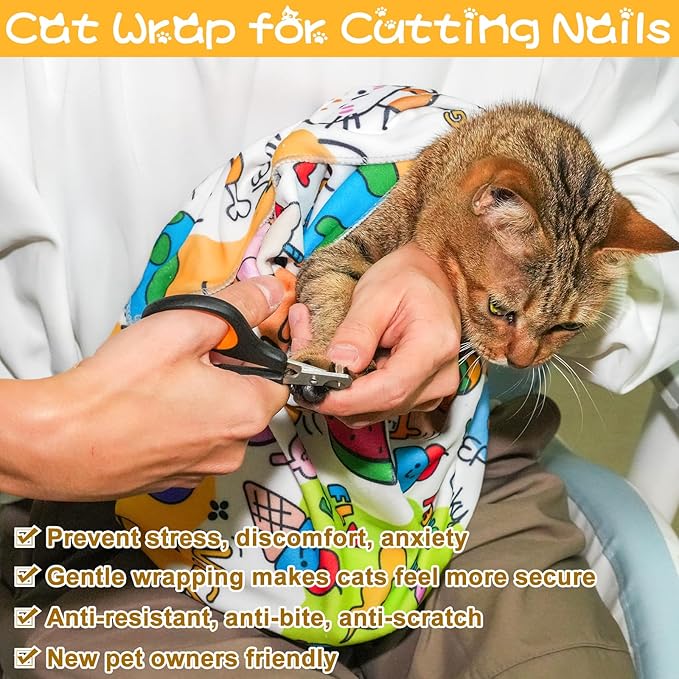 AIERSA Cat Wrap for Cutting Nails and Grooming, Cat Restraint Wrap for Nail Clipping, Self-Adhesive Fabric Cat Swaddle Burrito Wrap for Nail Trimming, Cat Grooming Supplies