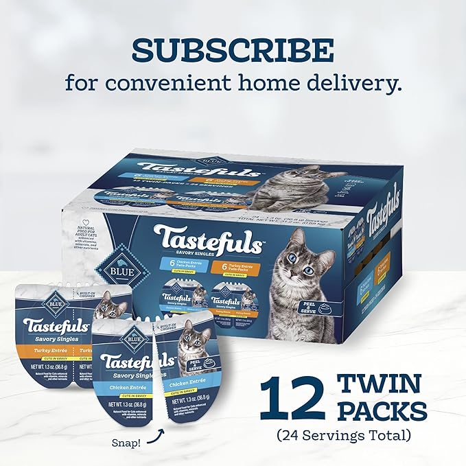 Blue Buffalo Tastefuls Savory Singles Variety Pack, Wet Cat Food in Gravy, 2.6-oz. Twin-Pack Trays, Chicken & Turkey Entreé (12 Count)