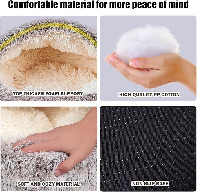 Calming Dog Beds & Cat Cave Bed with Hooded Cover,Washable Round Beds for Small Medium Pets,Anti-Slip Faux Fur Fluffy Coved Bed,Comfortable Warming Pet Bed (20 * 20inch,Khaki)