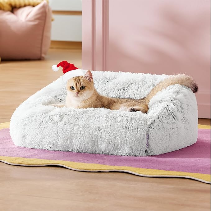 Lesure Cute Cat Couch Bed - Furry Indoor Cat Sofa Large, Washable Calming Small Dog Beds for Puppy with Fashion Design, 26x21x9inches, Gery