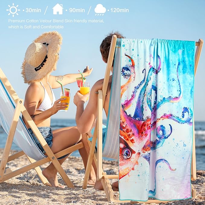 CutebriCase Octopus Beach Towel, Kraken Ocean Beach Towel Cotton Blend Soft Velour Absorbent Nautical BeachTowel for Kids Men Women Camping Towel for Gym, Hiking, Pool, Bath, Yoga,Travel Vacation