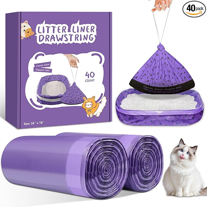 40 Count Cat Litter Box Liners Bags Large, Jumbo Drawstring Extra Thick Pet Cat Pan Liners, Extra Durable Kitty Litter Box Waste Bags - 36" x 18"