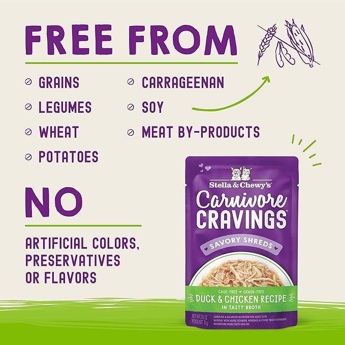 Stella & Chewy’s Carnivore Cravings Savory Shreds Wet Cat Food Pouches – Grain Free, Protein Rich Meal, Topper or Treat – Duck & Chicken Recipe (2.8 Ounce Pouches, Case of 12)