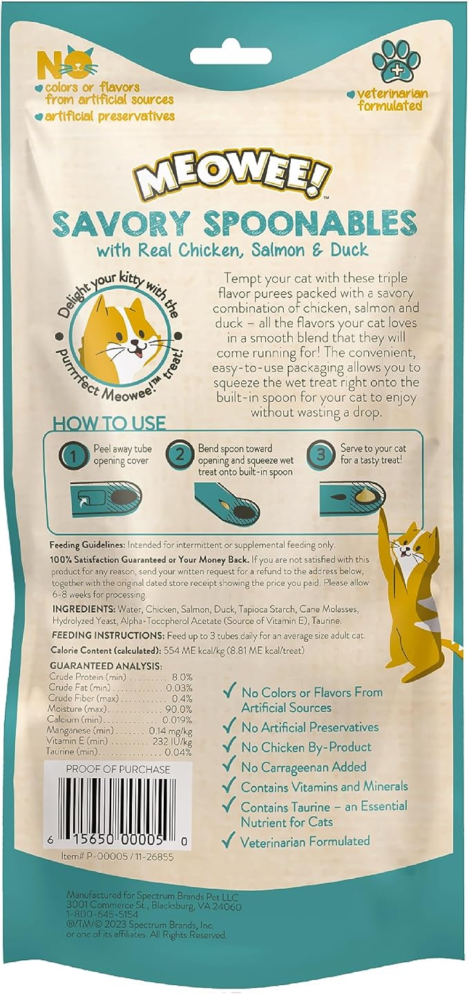 Savory Spoonables with Real Chicken, Salmon and Duck for Cats, 4 Count, Treat Your Cat to Triple Flavor Squeezable Lickable Wet Treats with Built-in Spoon for Less Mess