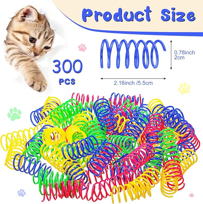 300 Pcs Cat Spring Toy, Cat Spiral Toys Interactive for Indoor Colorful Cats Plastic Springs Coil for Kitten Hunting, Swatting, Biting