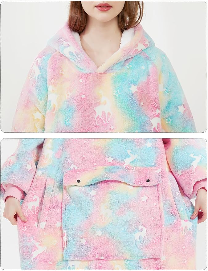 KFUBUO Wearable Blanket Hoodie for Adult Long Sherpa Glow in the Dark Oversized Hoodie Sweatshirt Blanket Christmas Gift Ideas